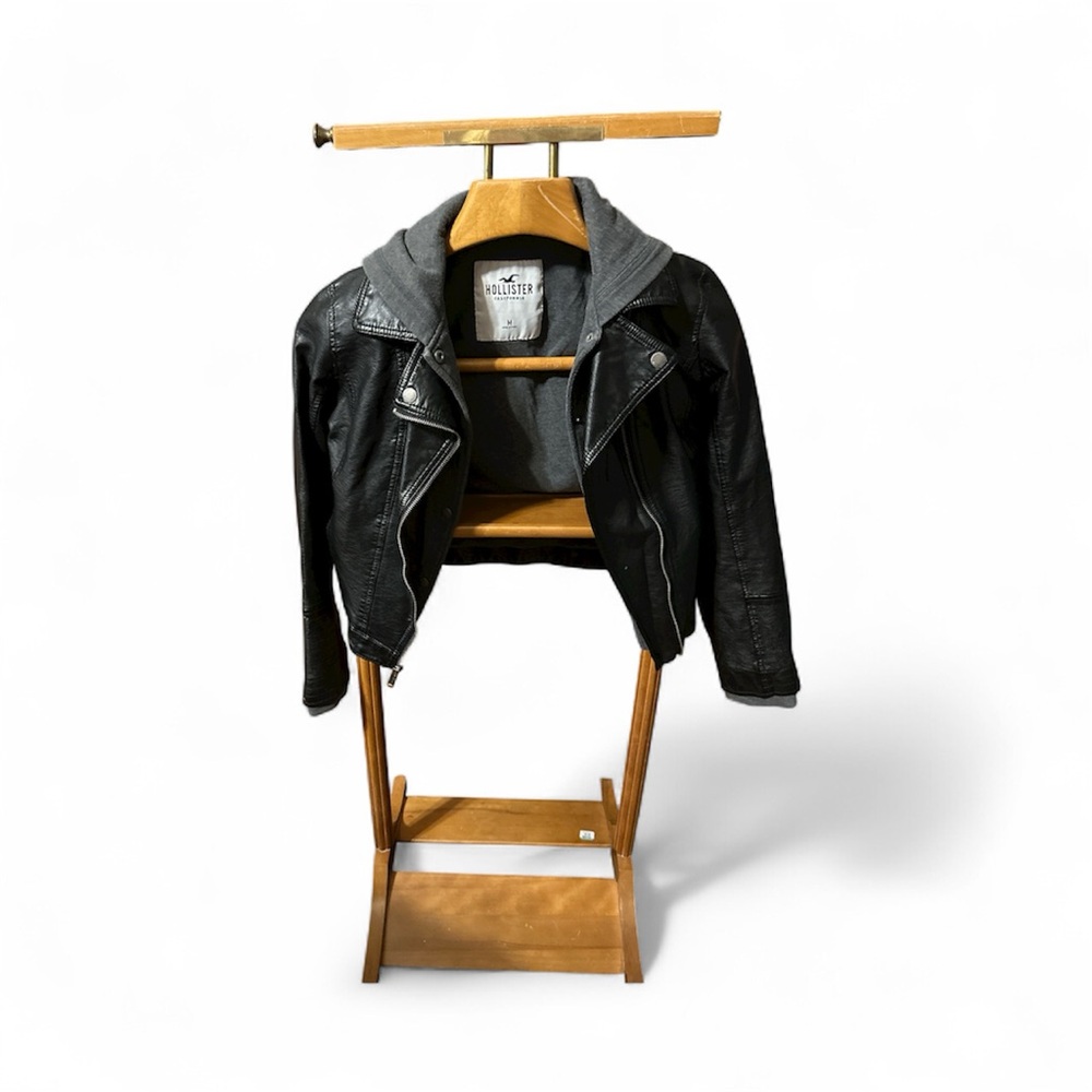 Hollister Faux Leather Jacket Women medium  Fullzip Hood Lined Black